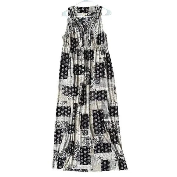 Style & Co Patchwork Paisley Maxi Dress Large Black Tan Stretch Boho - Picture 2 of 10